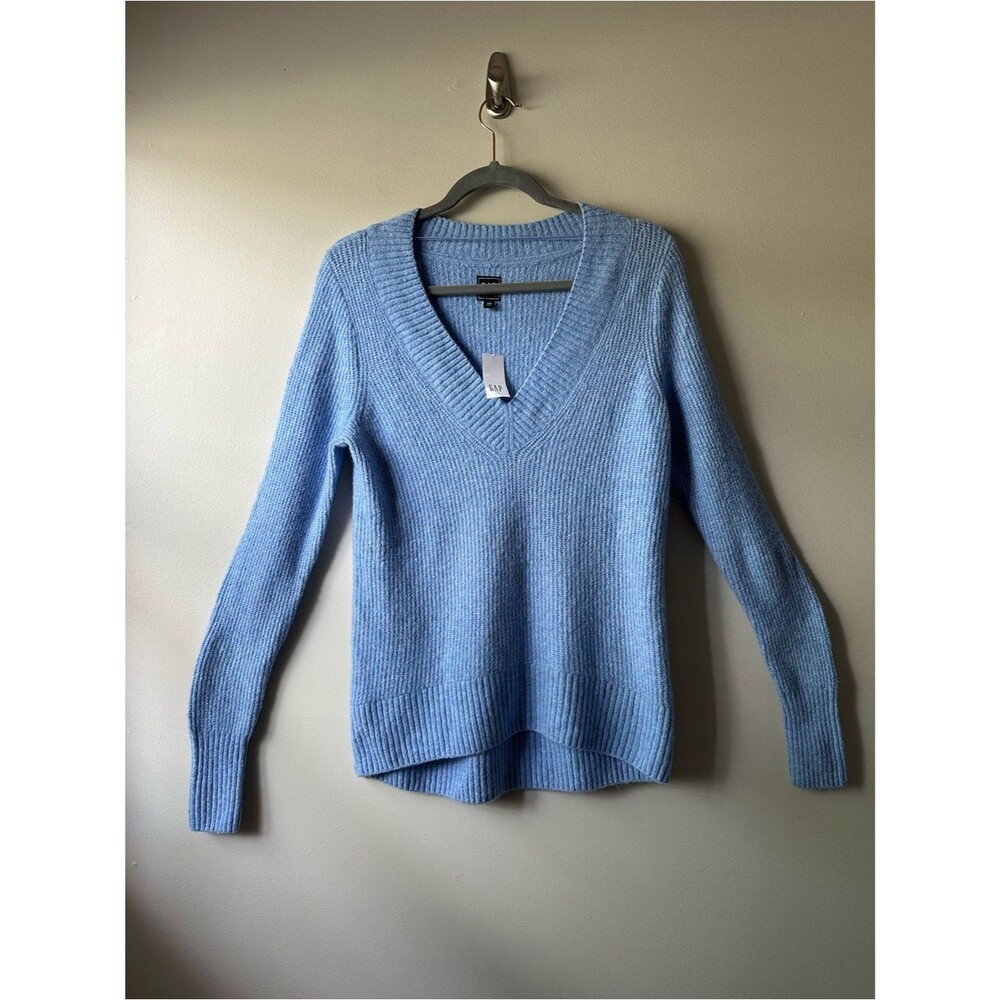 GAP Women's V-Neck Sweater Wool Alpaca Sky Blue Ribbed Size XS NWT Minimalist
